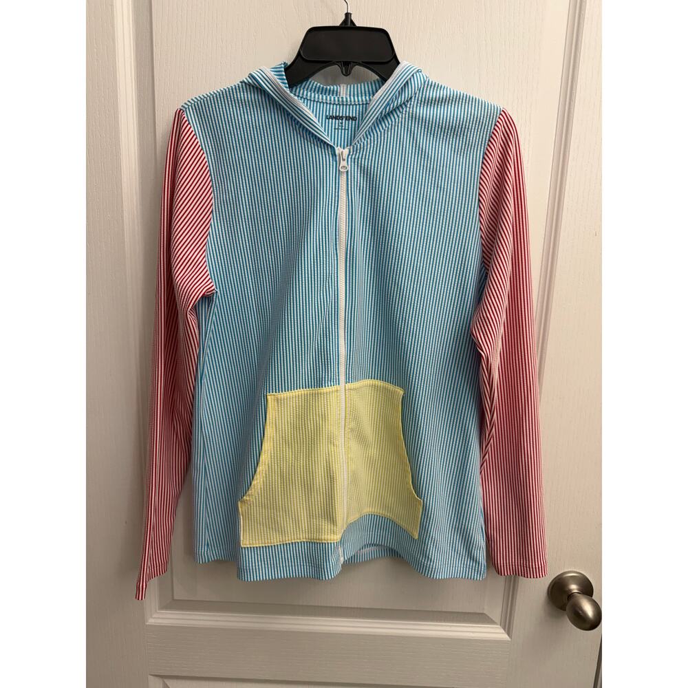 Lands’ End Striped Zip Hoodie Medium Blue Red Yellow